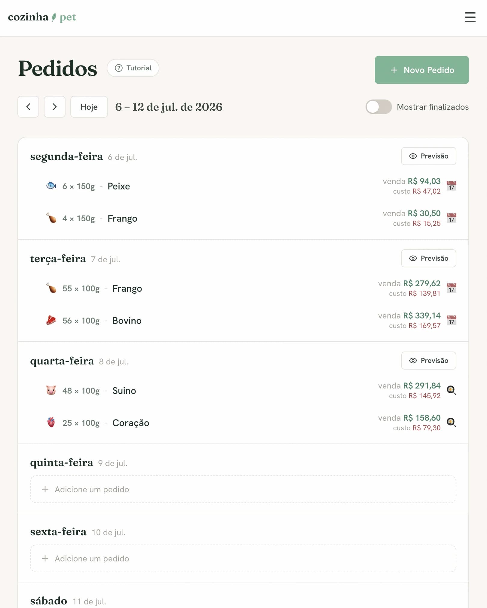 Tela de pedidos da semana do CozinhaPet, com venda e custo por pedido dia a dia